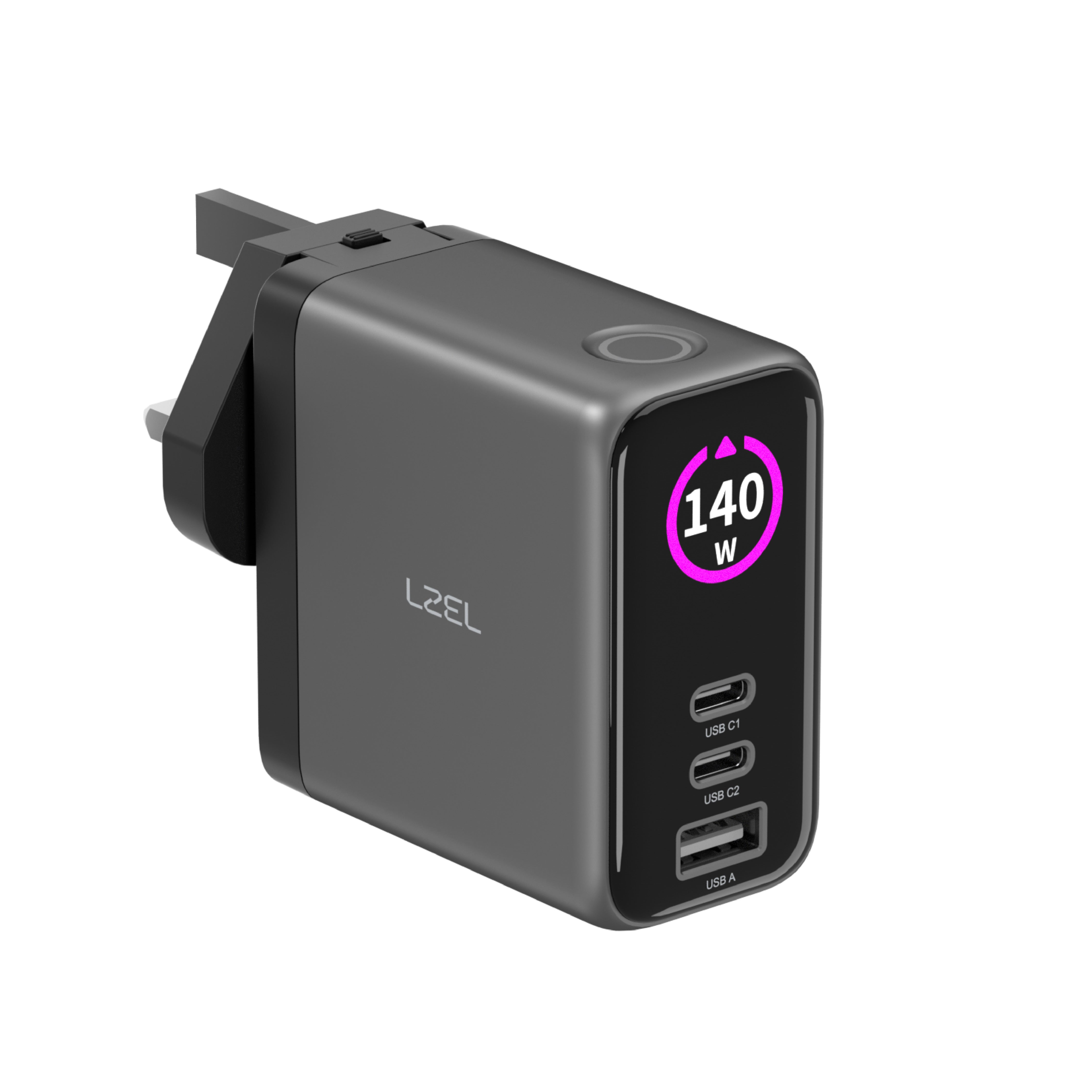 LZEL 140W GaN Travel Charger with 3-Port PD Digital Display & UK/EU/AU Plugs | Gray/Black LZEL 140W GaN Travel Charger with 3-Port PD Digital Display & UK/EU/AU Plugs | Gray/Black